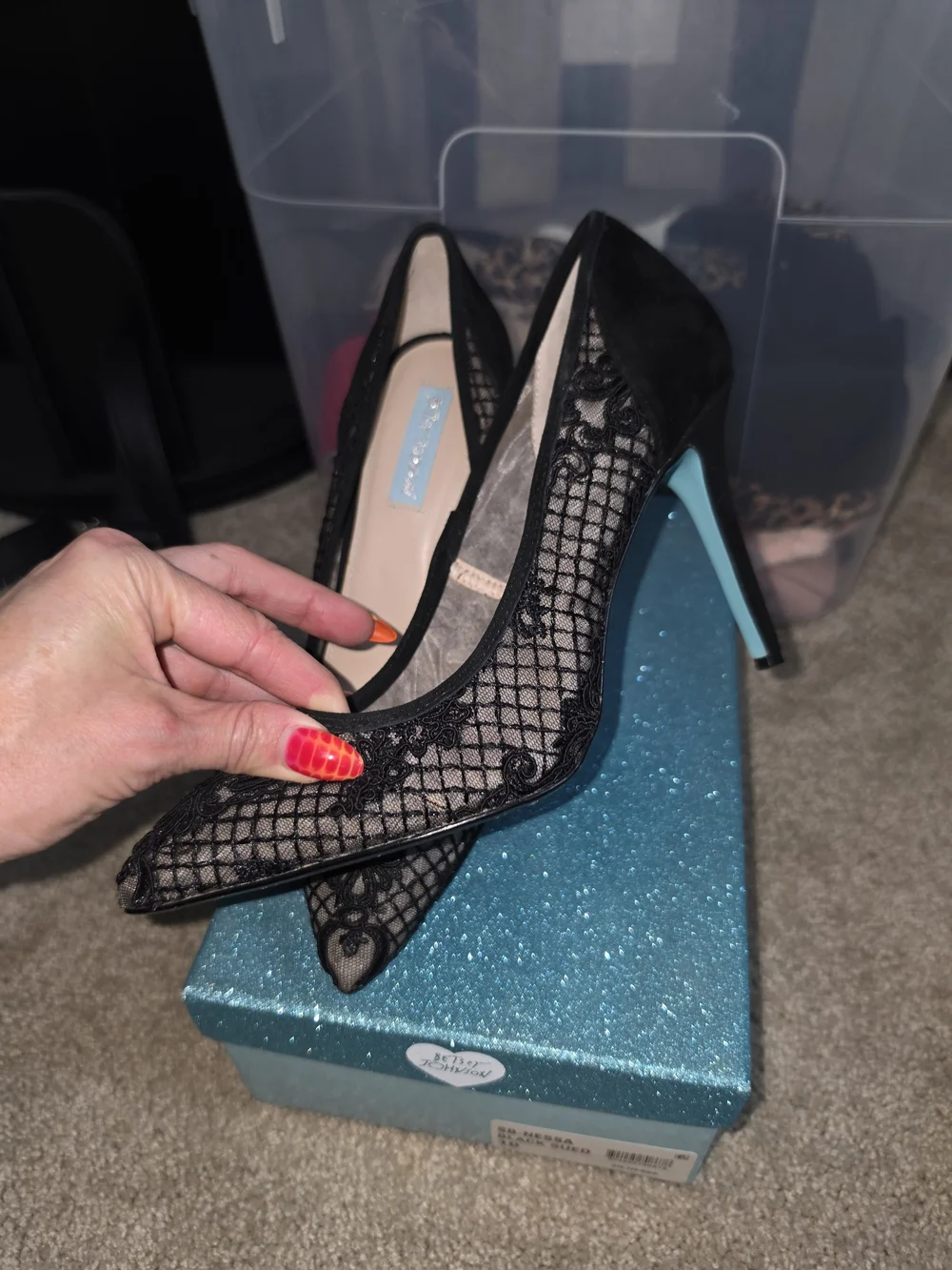 Betsey Johnson Betsey Blue Black Lace Heel. Sz 10, gothic wedding shoe